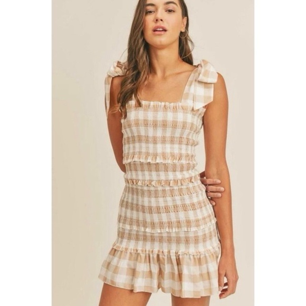 MARBLE Cream and Tan Ruffle Dress